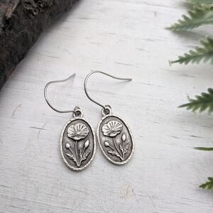 Silver Toned Poppy Flower Oval Drop Earrings / Nature Jewelry